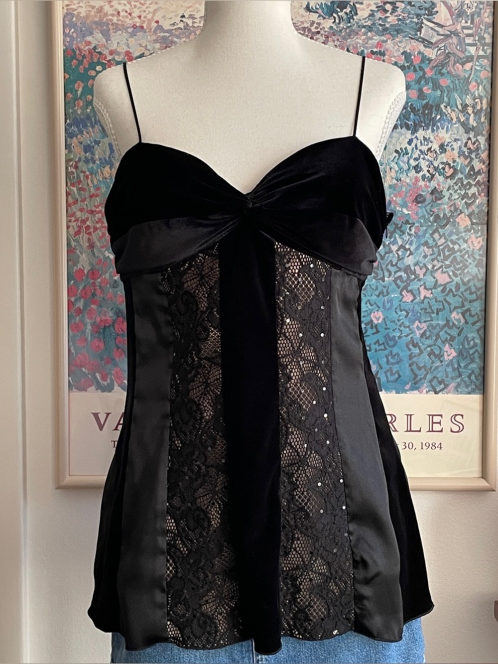 Vintage Caché Bustier Top L Black Velvet Lace Burnout Whimsigoth Vamp 90s Y2K - Picture 3 of 12